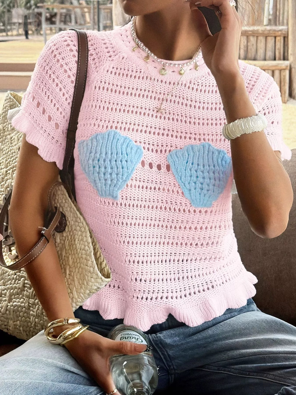 Openwork Ruffled Hem Knit Top (7)