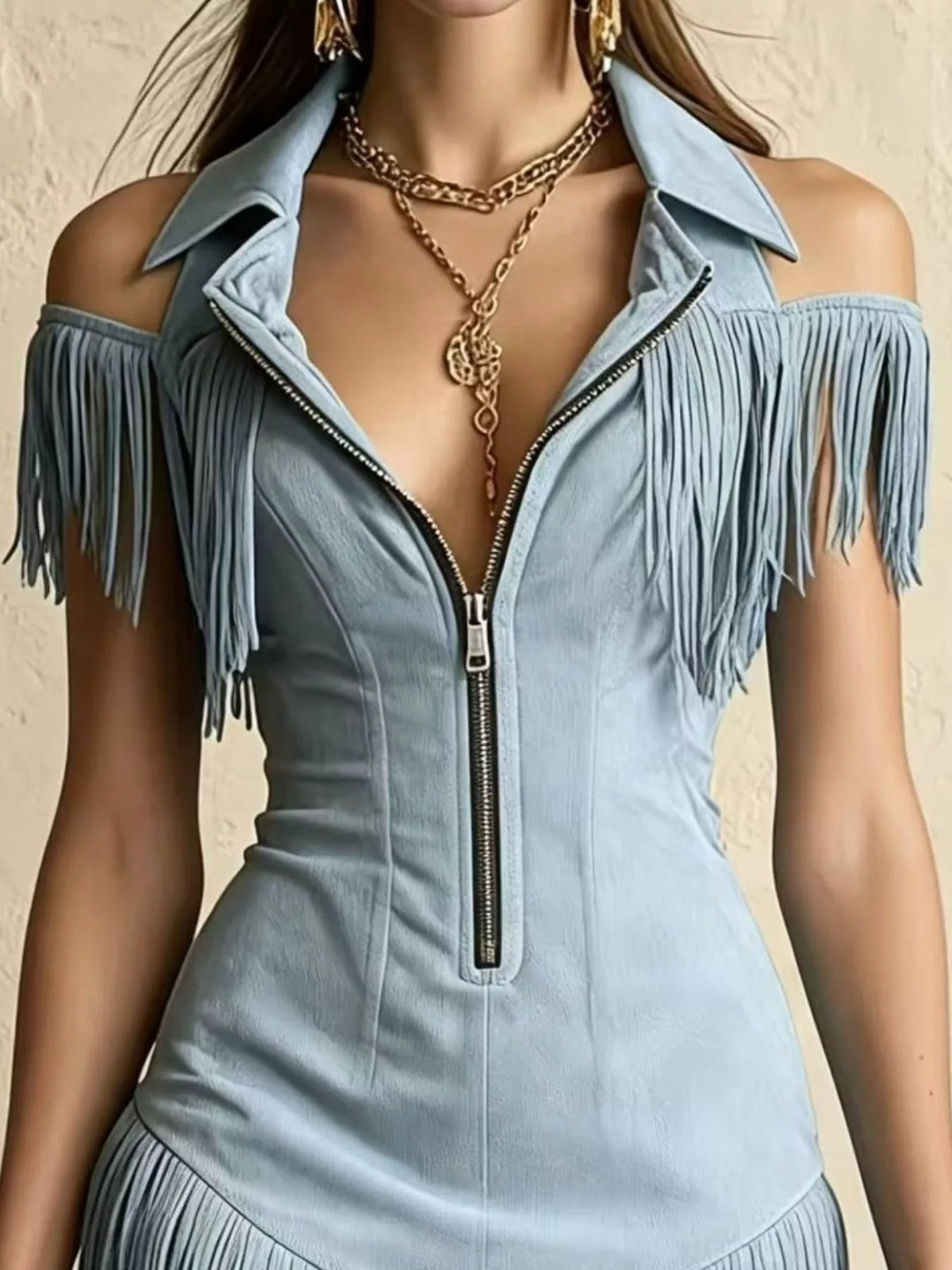 Fringed Cold Shoulder Mini Dress (3)