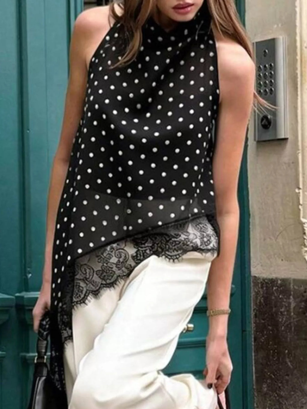Polka Dot Lace Trim Asymmetrical Hem Sleeveless Blouse (2)