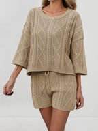 Cable Knit Round Neck Top Shorts Sweater Set (2)