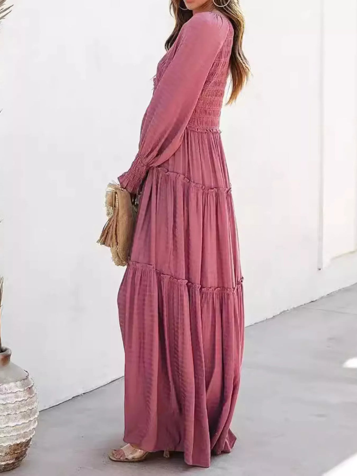 V-neck Long Sleeve Tiered Maxi Dress (8)