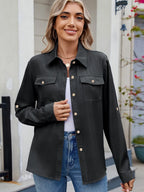 Solid Color Collared Neck Long Sleeve Shirt (2)