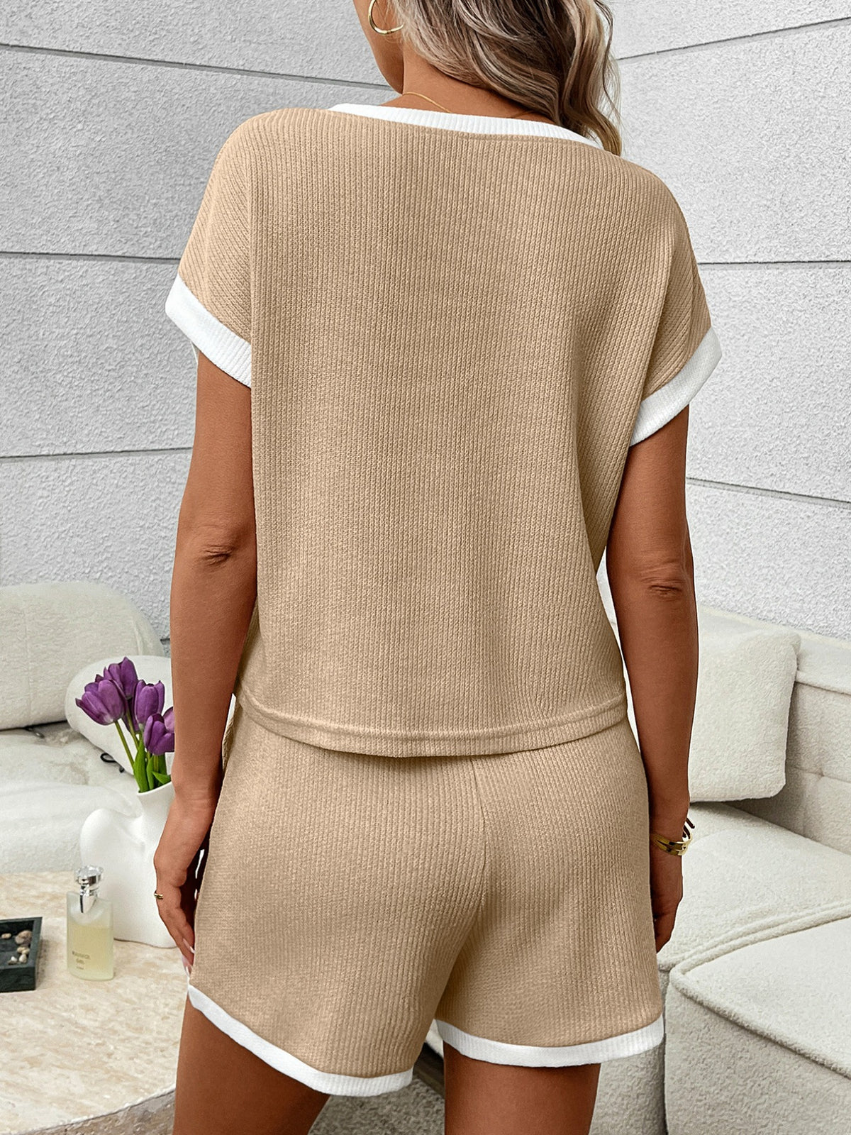 Contrast Trim Short Sleeve Top Shorts Set (15)