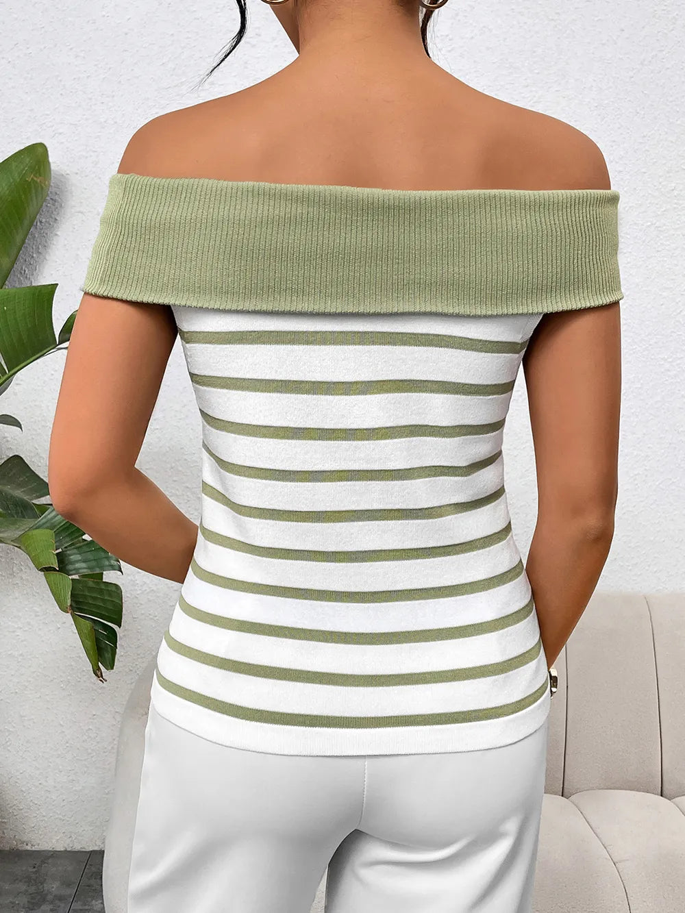 Decorative Button Striped Off-shoulder Knit Top (2)