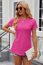 Eyelet Slit Round Neck Short Sleeve T-shirt (10)
