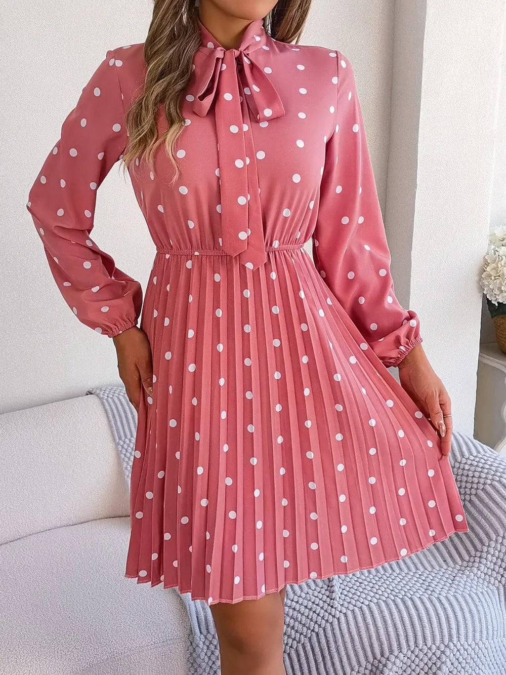 Polka Dot Tie Neck Pleated Dress (4)