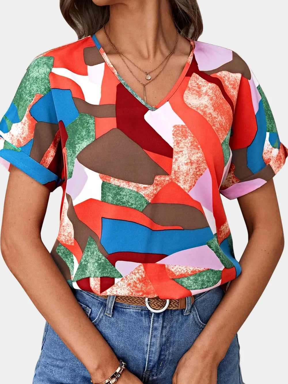 Printed V-neck Short Sleeve Blouse (23)