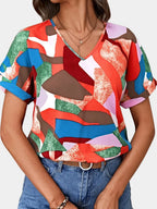 Printed V-neck Short Sleeve Blouse (23)