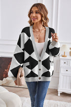 Geometric Lantern Sleeve Cardigan Pockets