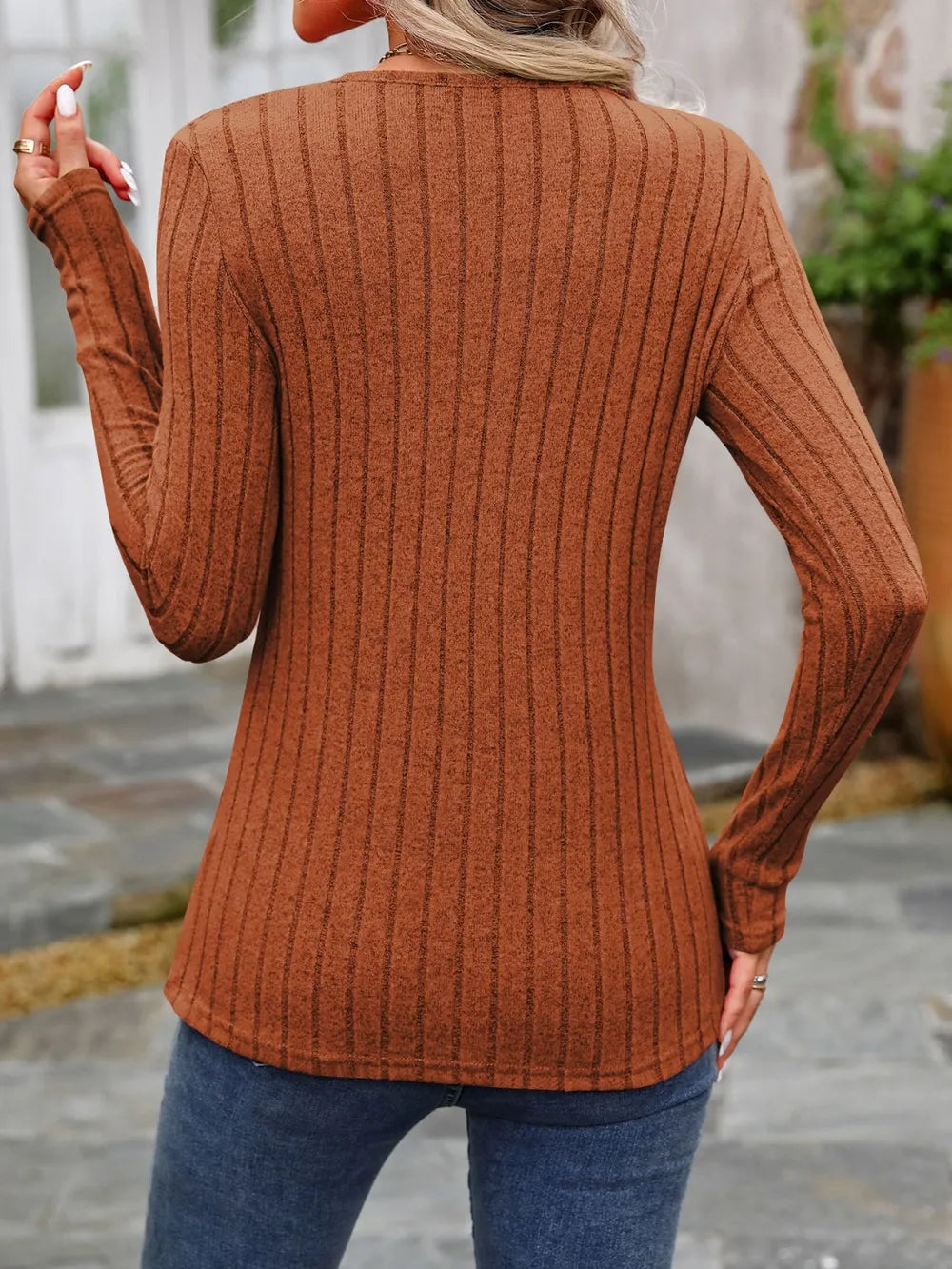 Decorative Button Round Neck Long Sleeve T-shirt (19)