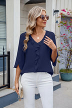 Ruffled V-neck Three-quarter Sleeve Blouse (15)