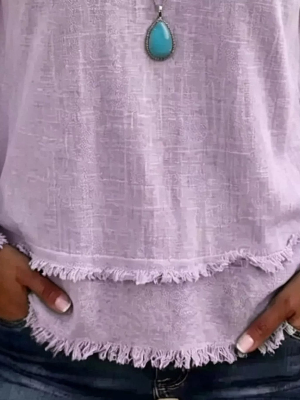 V-neck Long Sleeve Blouse Frayed Hem Detail (11)
