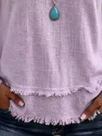 V-neck Long Sleeve Blouse Frayed Hem Detail (11)