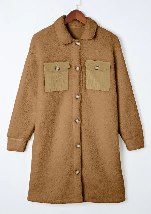 Collared Neck Long Sleeve Longline Teddy Jacket (11)