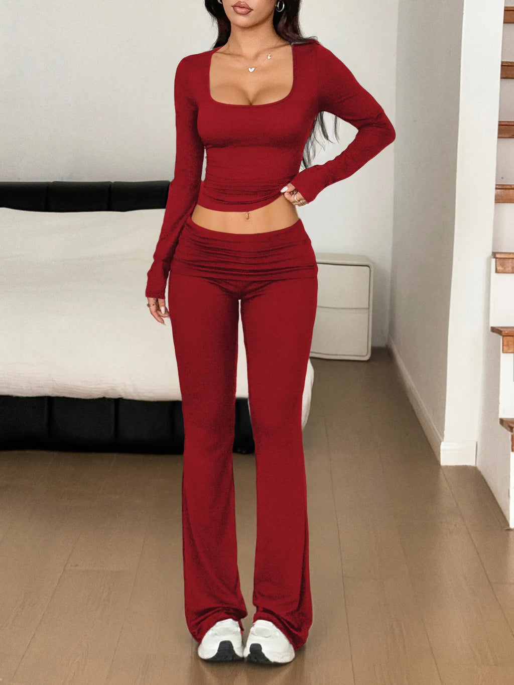 Long Sleeve Crop Top Bootcut Pants Set (11)