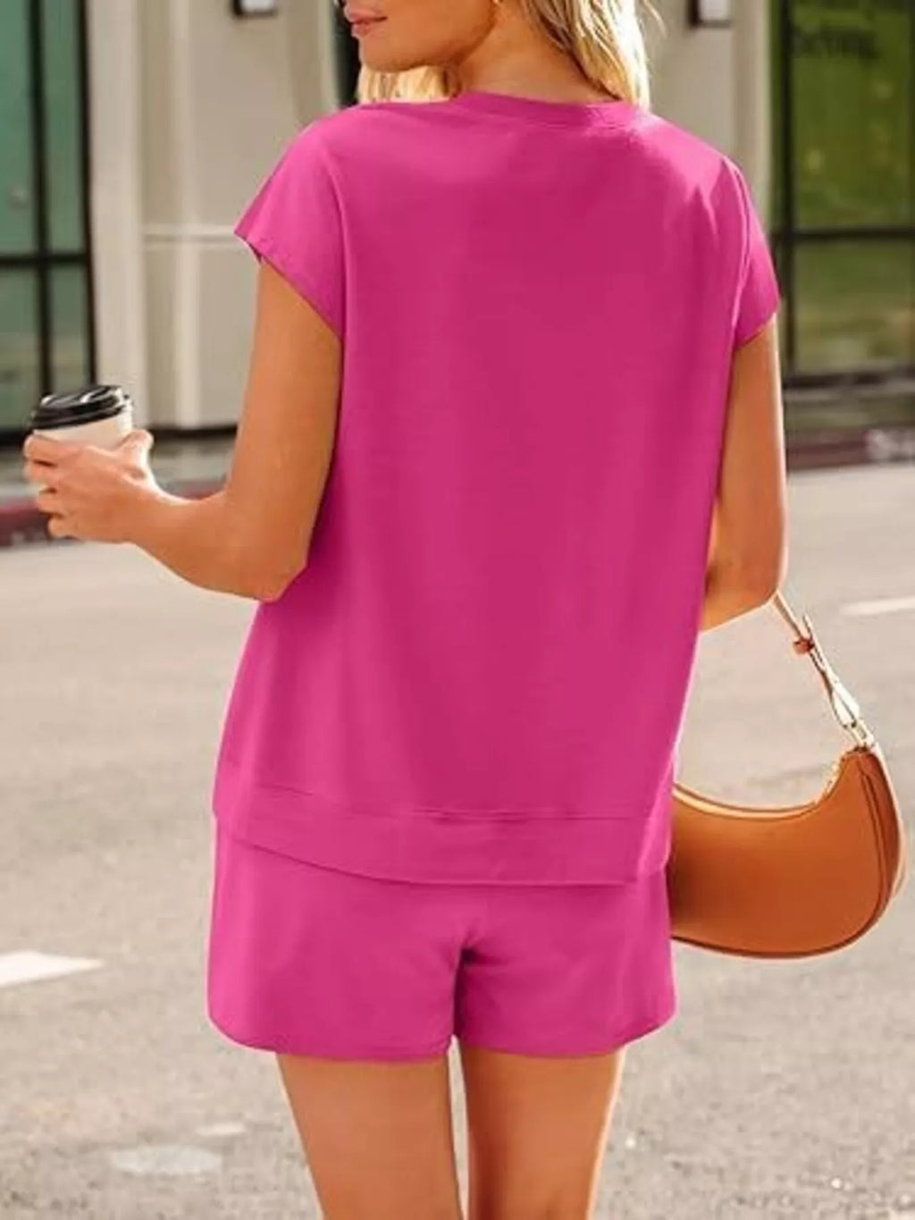 Button Detail Short Sleeve Top Shorts Set (20)