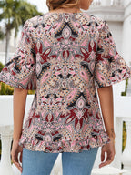Printed Flounce Sleeve Ruffle Hem Blouse (6)
