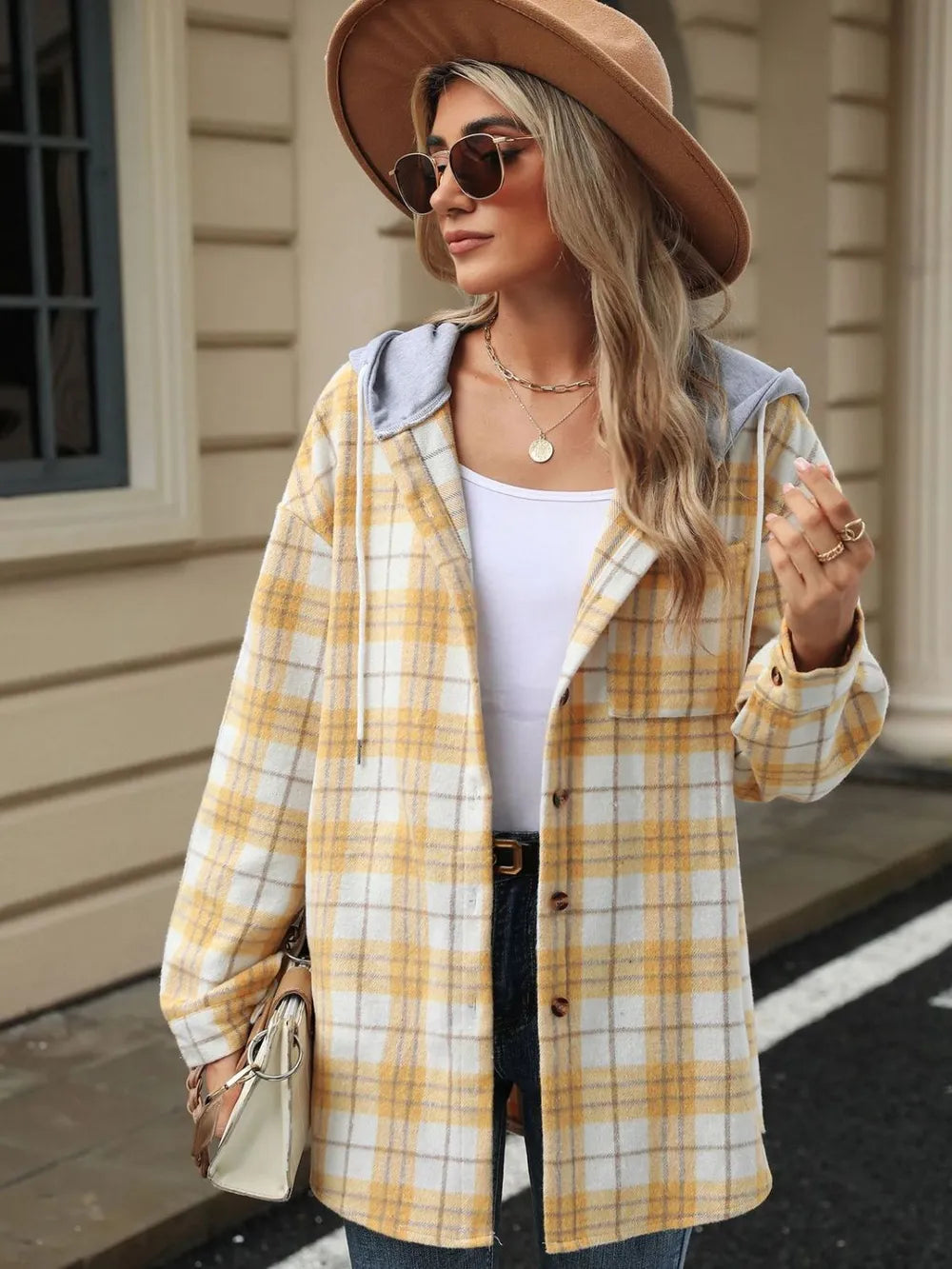 Drawstring Plaid Button Up Hooded Jacket (10)