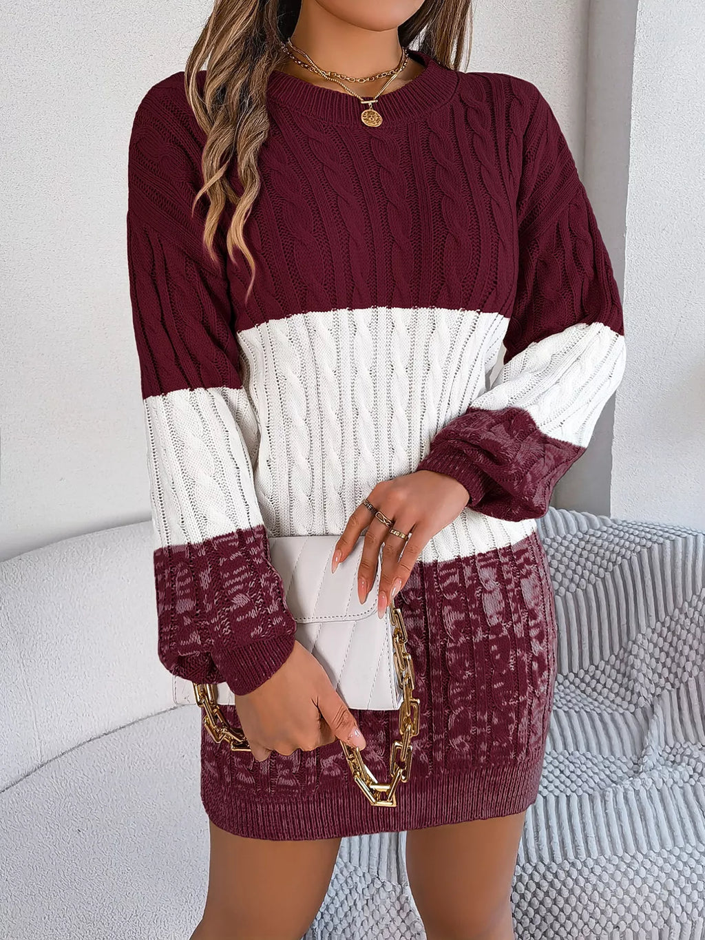 Block Cable Knit Sweater Dress Textured Pattern