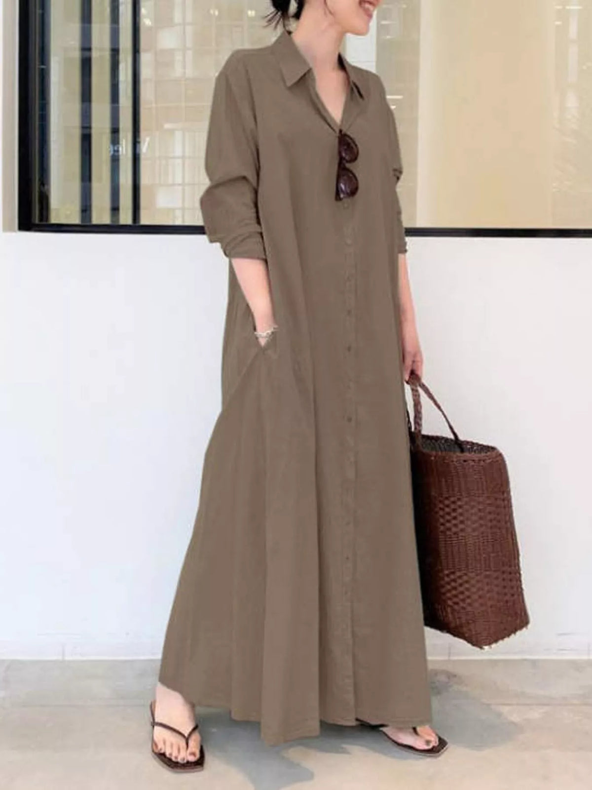 Full Size Button Front Long Sleeve Maxi Shirt Dress Plus (39)