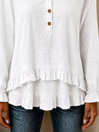 V-neck Long Sleeve Button Detail Ruffled Hem Blouse (3)