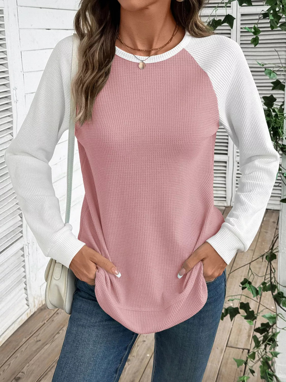 Waffle Knit Raglan Sleeve T-shirt (17)