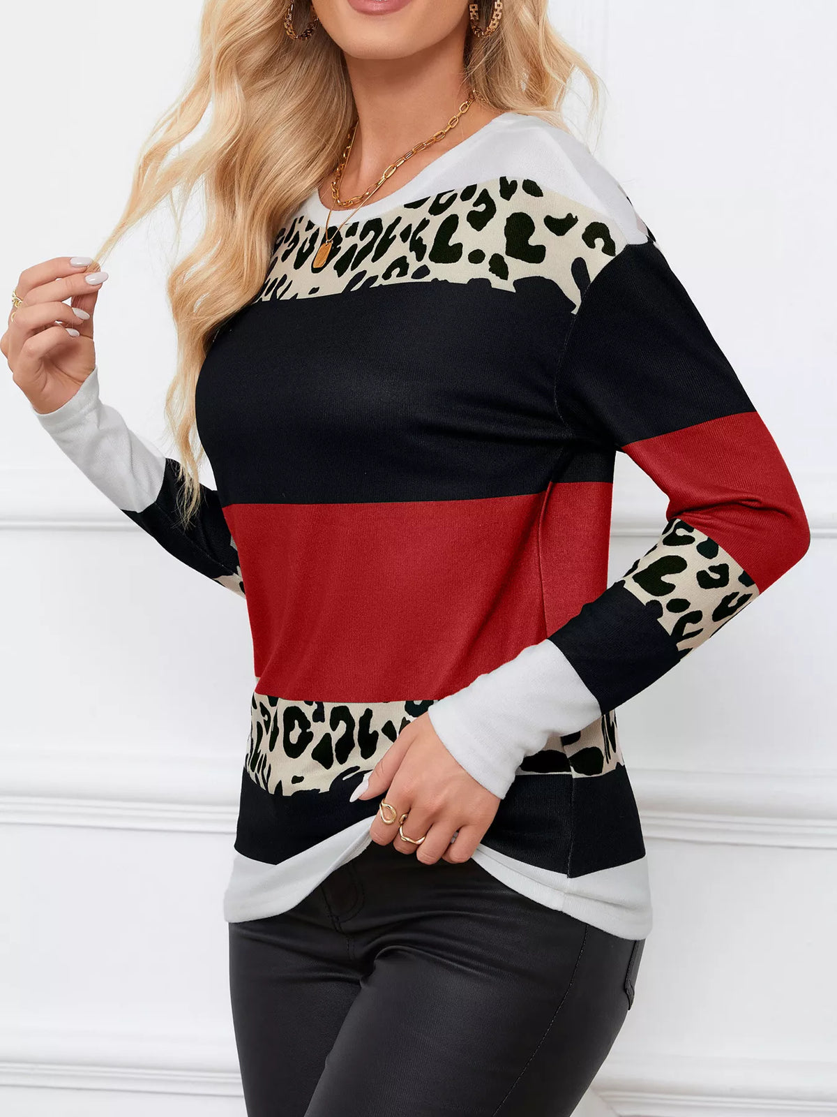 Leopard Block Striped Knit Top (15)