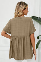 Side Slit Notched Neck Cuffed Short Sleeve Blouse (9)