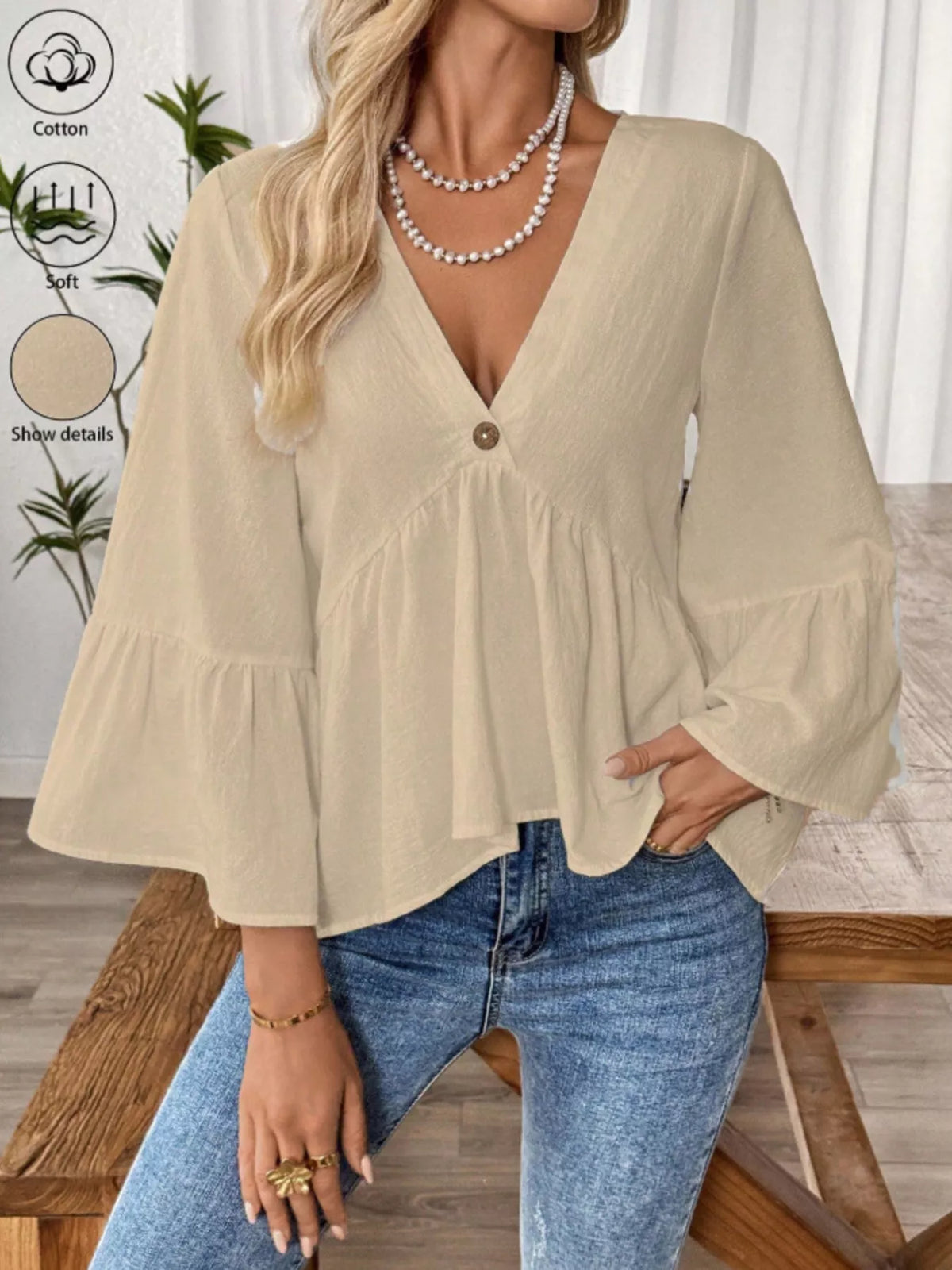 V-neck Bell Sleeve Blouse (7)