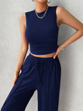 Mock Neck Sleeveless Top Drawstring Pants Set