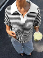 Striped Knit 3/4 Sleeve Polo Top (6)