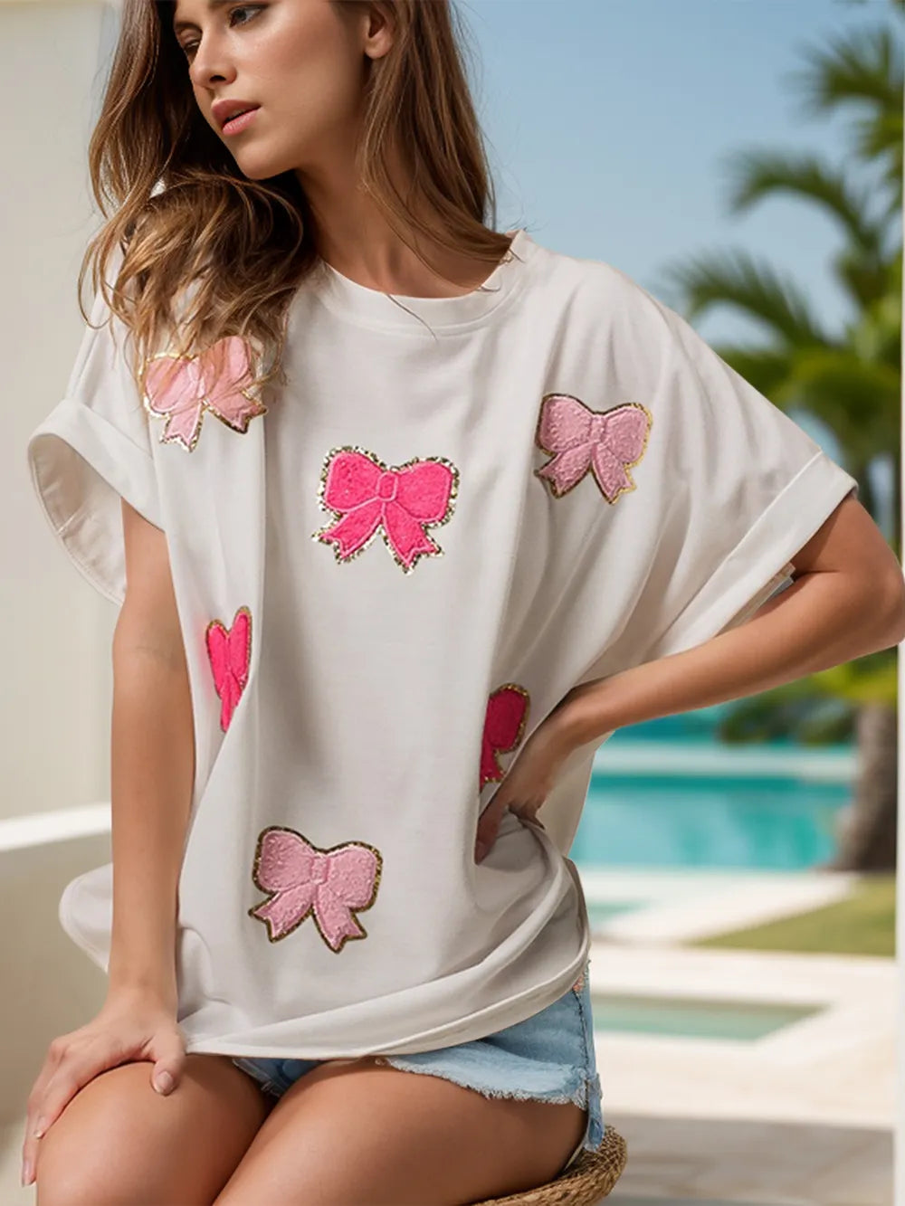 Bow Round Neck Short Sleeve T-shirt (2)