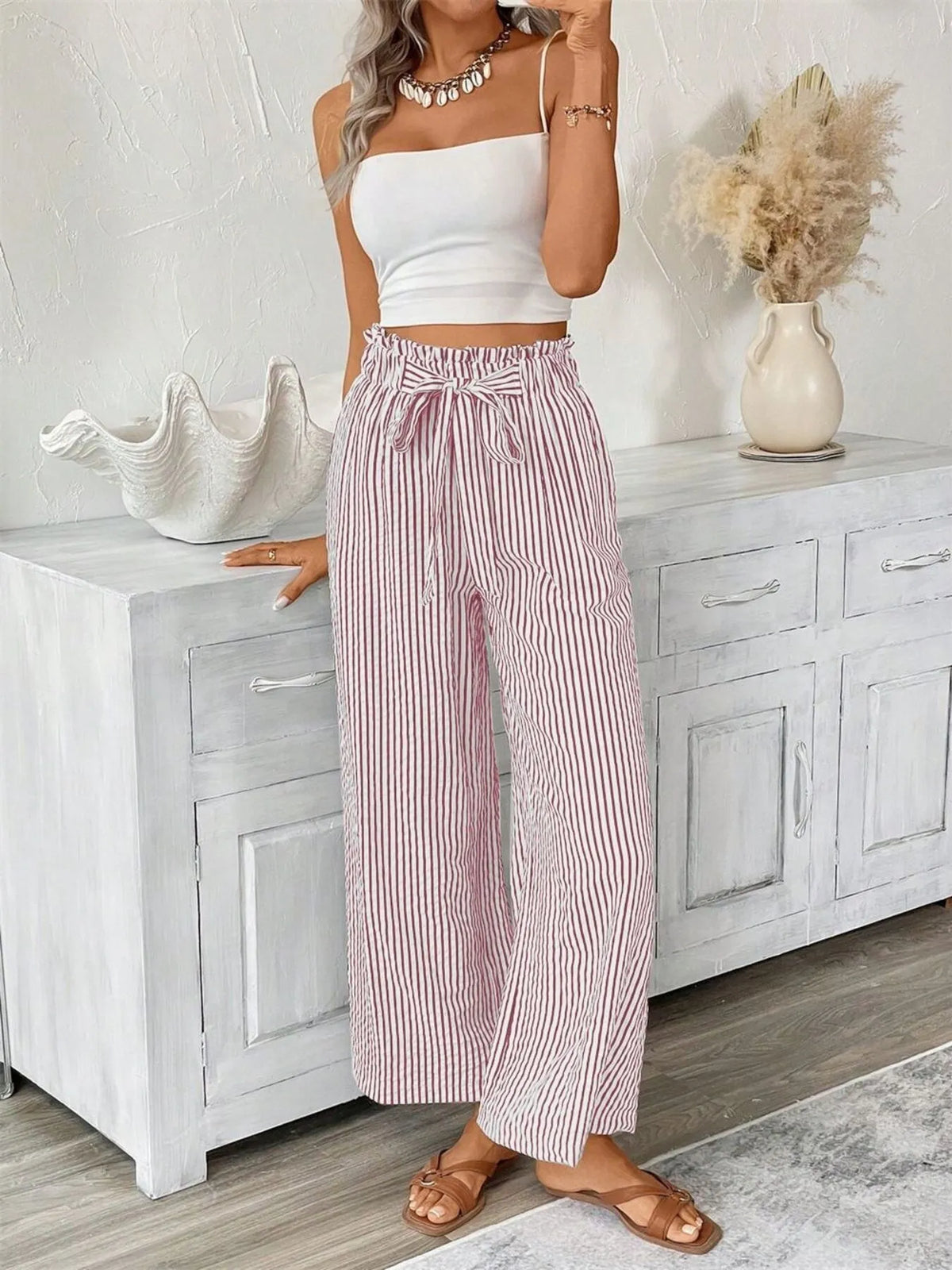 Full Size Striped Wide Leg Paper Bag Pants Plus (9)