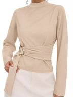 Mock Neck Blouse Waist-defining Metal Buckle Detail