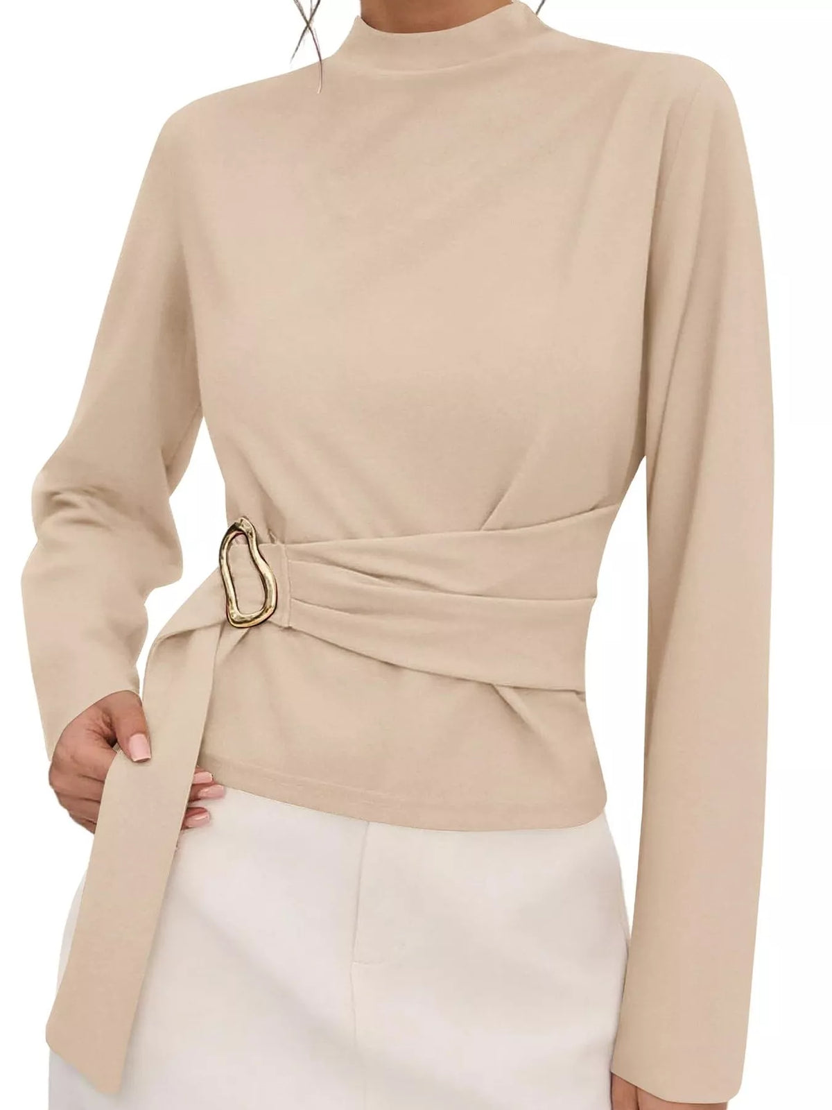 Mock Neck Blouse Waist-defining Metal Buckle Detail