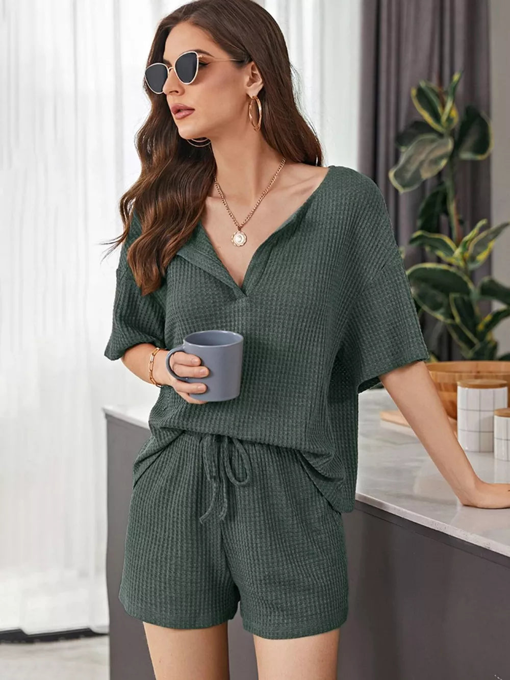 Full Size Waffle-knit Dropped Shoulder Top Shorts Set (20)