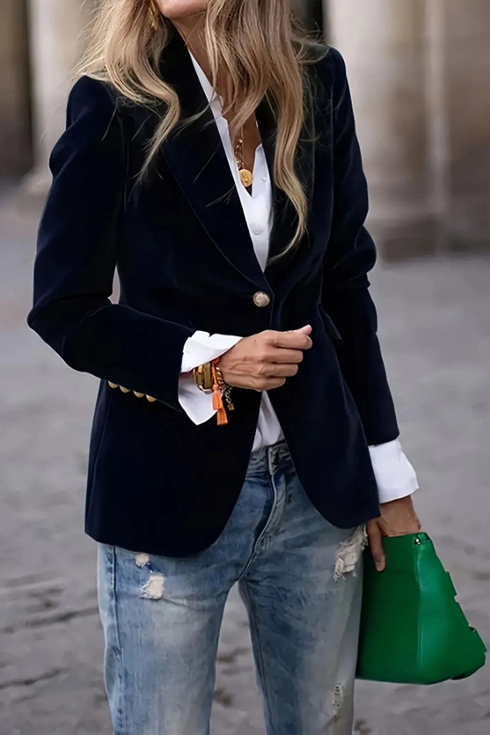 One Button Lapel Collar Long Sleeve Blazer (8)