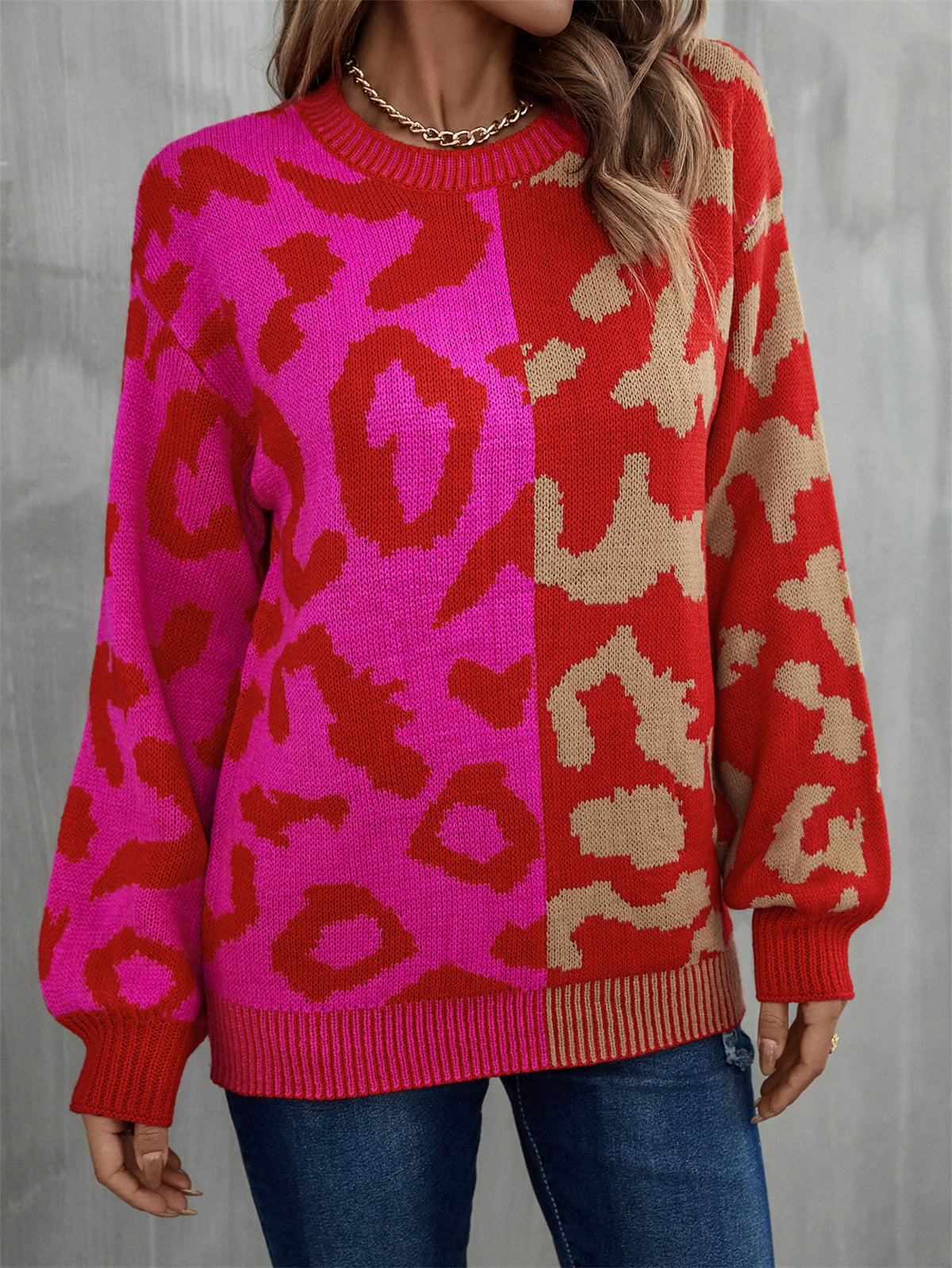 Round Neck Contrast Dropped Shoulder Sweater