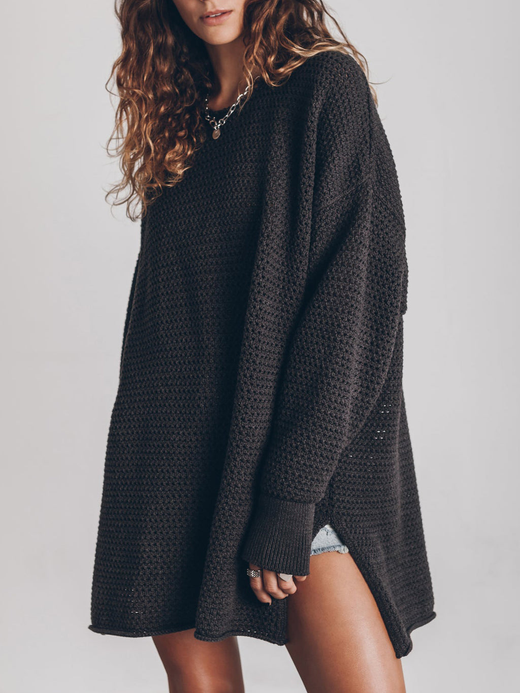 Openwork Round Neck Long Sleeve Slit Sweater (6)