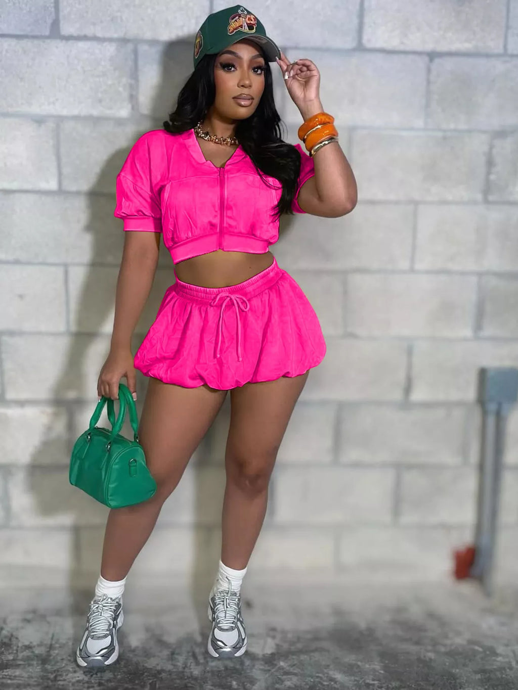 Zip Up Crop Top Shorts Set