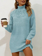 Full Size Turtleneck Fringe Detail Sweater Dress Plus