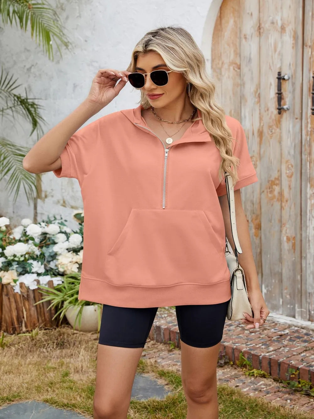Half Zip Short Sleeve Hooded Top (21)