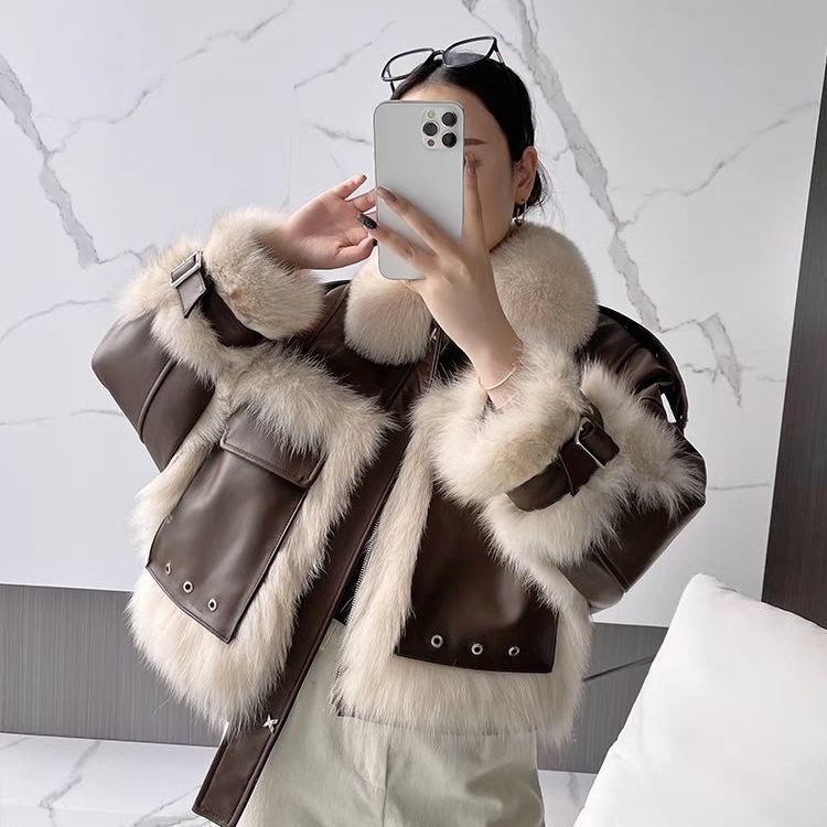 Sense Fox Fur Stitching Leather Coat photo 4