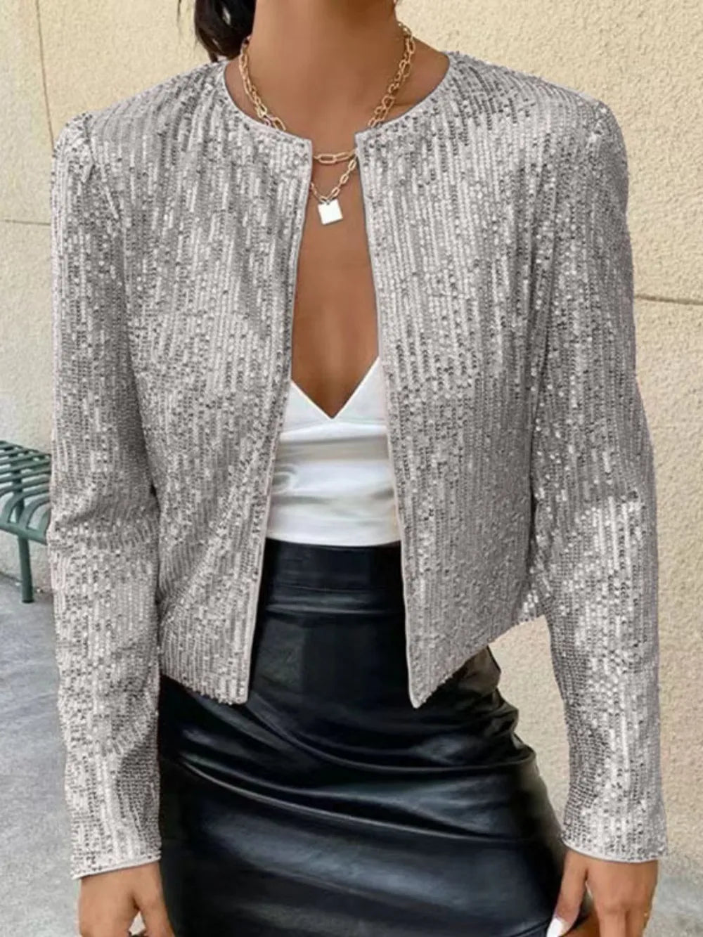 Full Size Sequin Open Front Cropped Jacket (34)