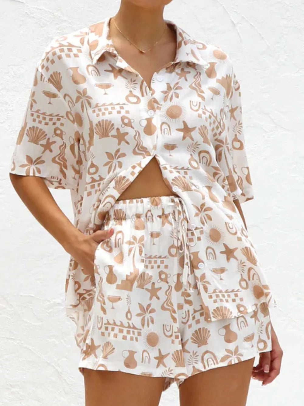 Printed Button Down Short Sleeve Top Shorts Set (16)