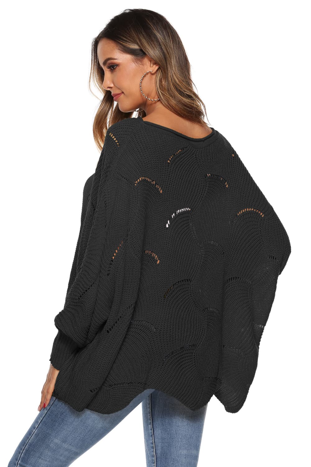 Round Neck Long Sleeve Openwork Sweater (3)