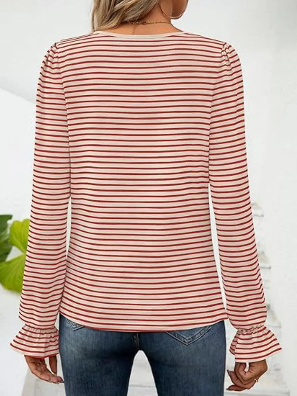 Striped Square Neck Flounce Sleeve Top (8)