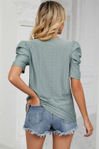 Eyelet Round Neck Puff Sleeve T-shirt (18)