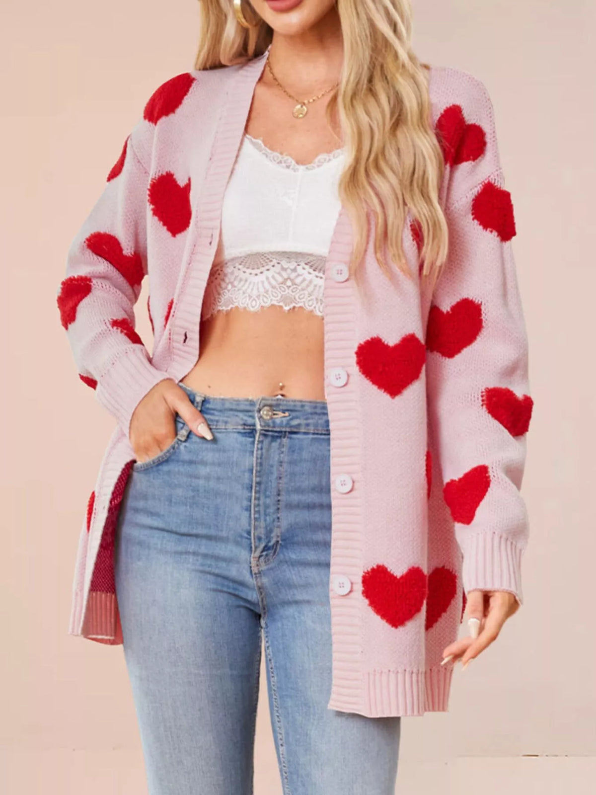 Heart Pattern V-neck Button-down Knit Cardigan (7)
