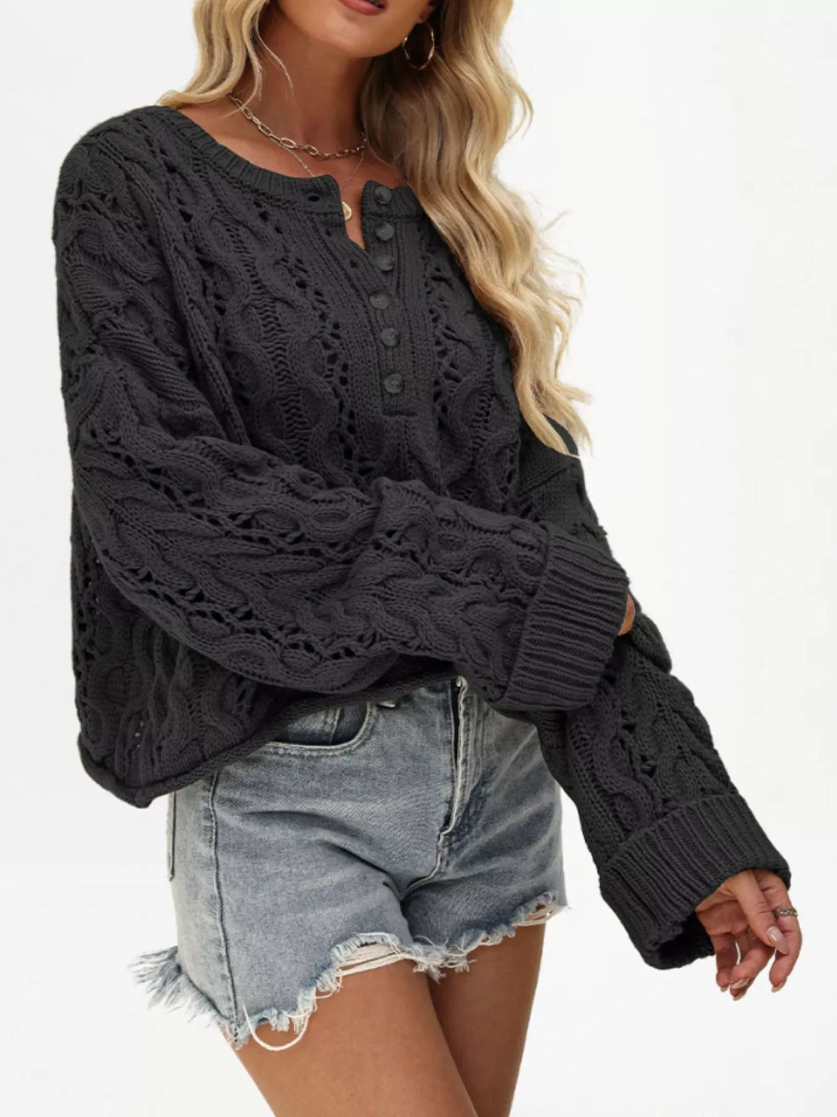 Chic Cable Knit Half-button Openwork Sweater (6)